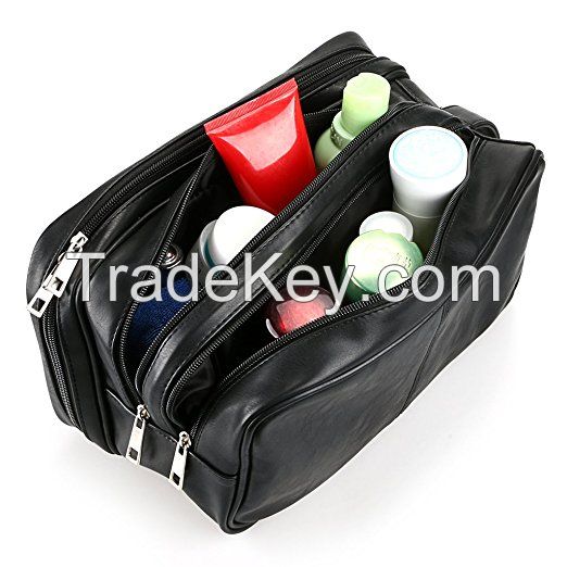 Black Leather Unisex Bag Pack for Cosmetics Toiletries Makeup Kit