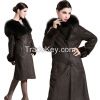 2015 Winter Tuscany Sheepskin Hair Trimmed Hooded Cap Merino Sheepskin Fur Wool Double-faced Long Thick Jacket Clothing Overcoat