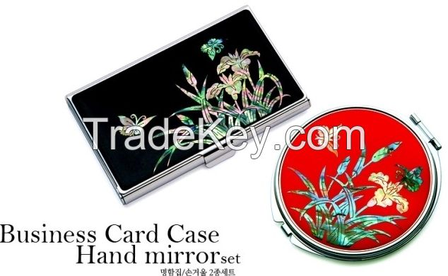 Business Card Case, Hand Mirror Set with Orchid Design - Korean Traditional Lacquerware Handmade Present