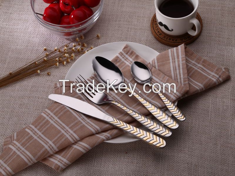 High grade stock mirror polish Fork spoon knife set gold plate cutlery