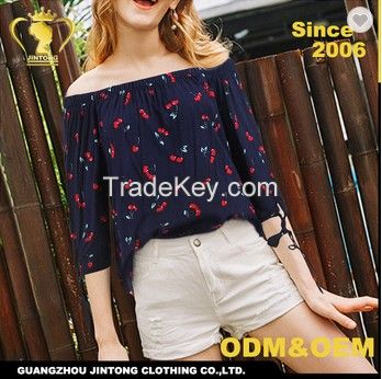 Wholesale pure cotton 3/4 sleeve design off shoulder ladies sexy fashion blouse women clothing