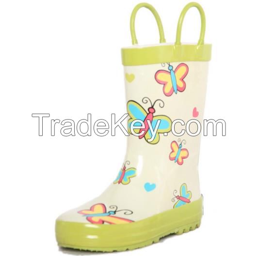 Kids butterfly rain boots, white and green and cheap rain shoes and comfortable and safty rain boots