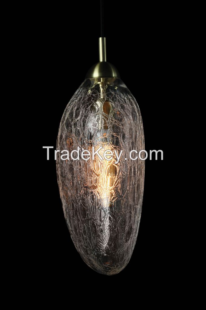 Designer handblown glass light, 1 light pendant lamp CABACHOK Crackle