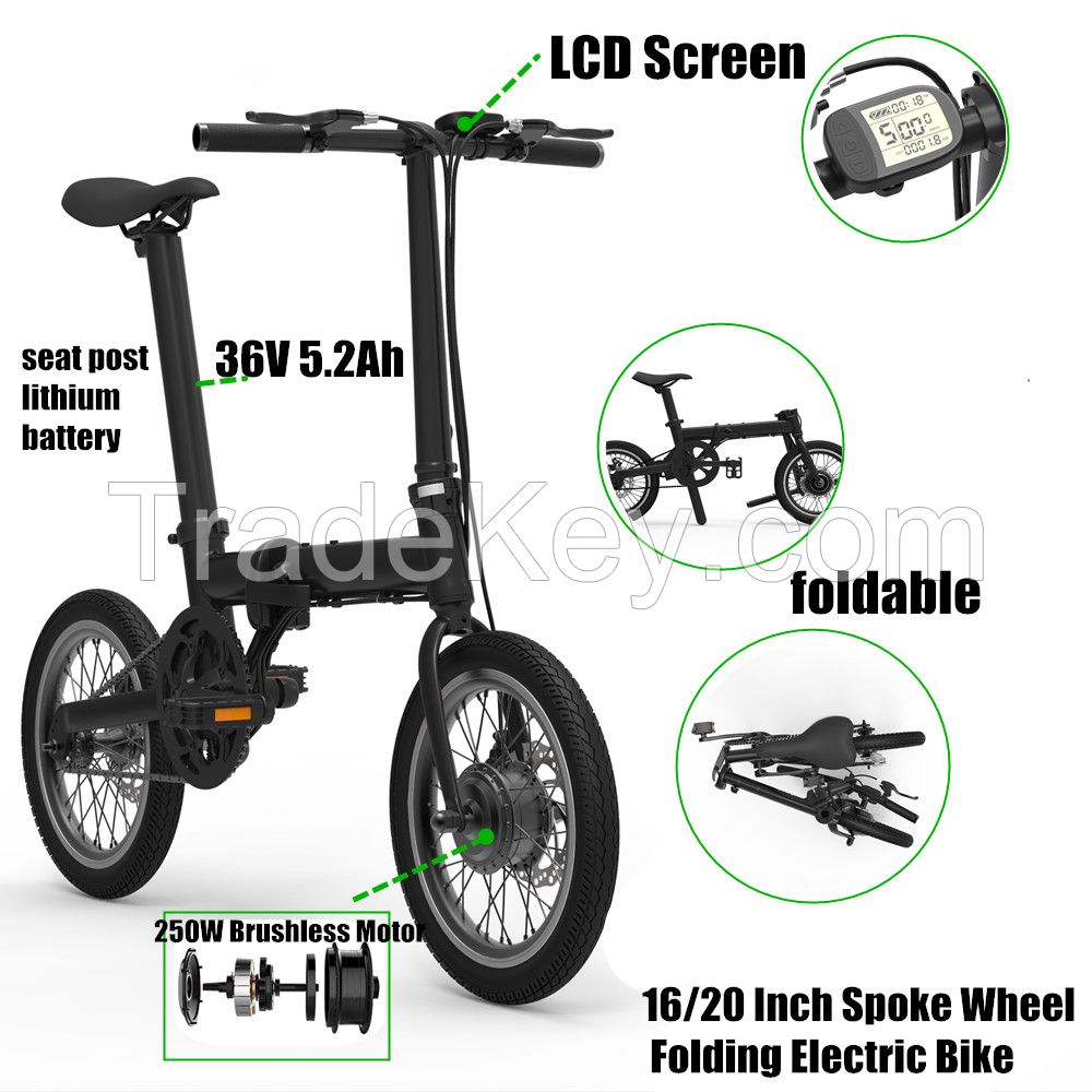 36V battery powered portable folding bicycle electric for teenagers