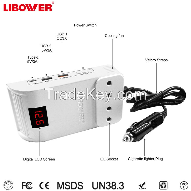 Wholesale DC 12V to 110V/220V AC Converter with 2 USB port , QC 3.0 , Type-C car charger 150W Car Inverter