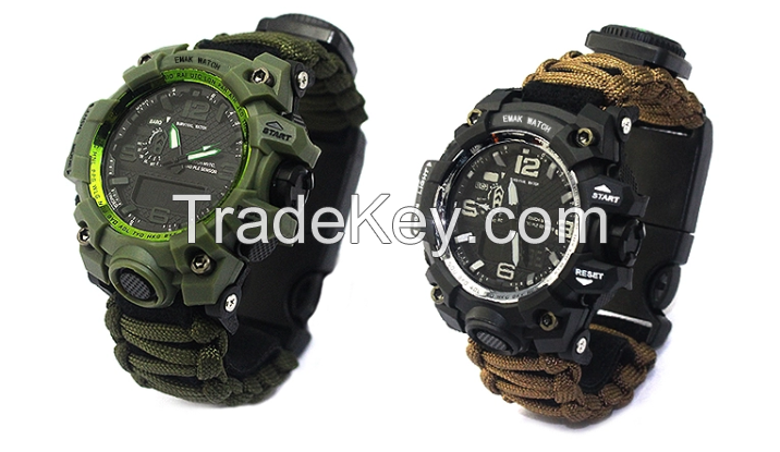 Survival adventure Paracord emergency watch with tactical features in wild 