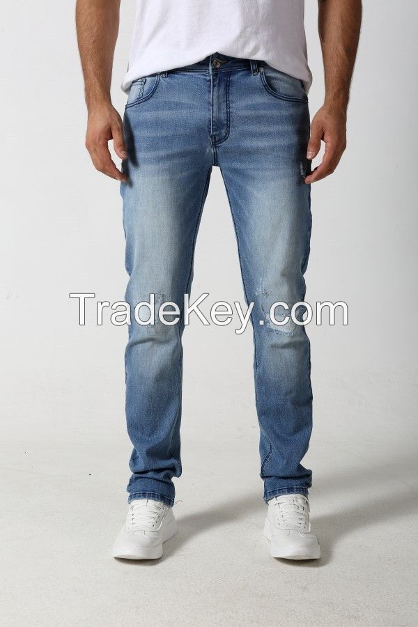 Men'straight slim denim jeans with distressed and nice stitches