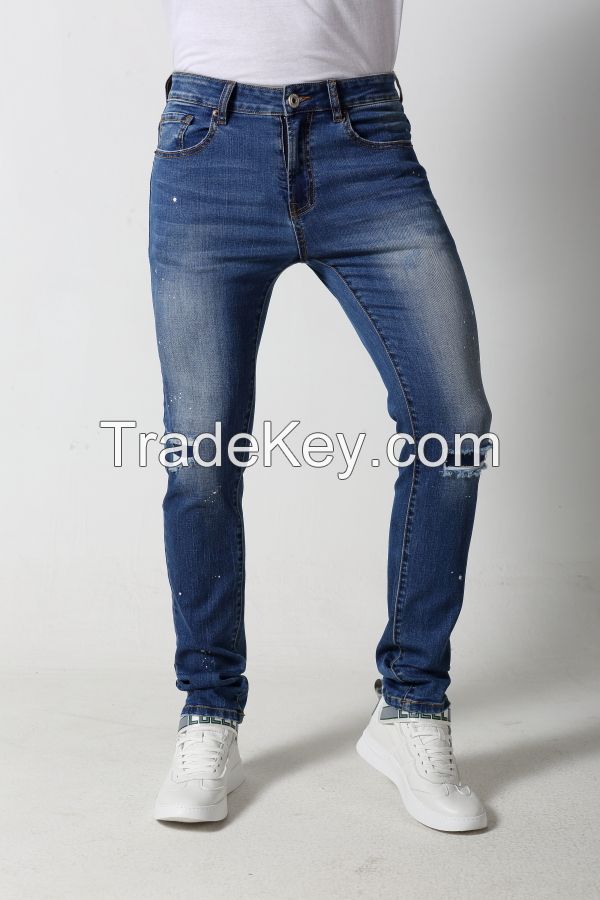 Men's Slim denim jeans with distressed and patches