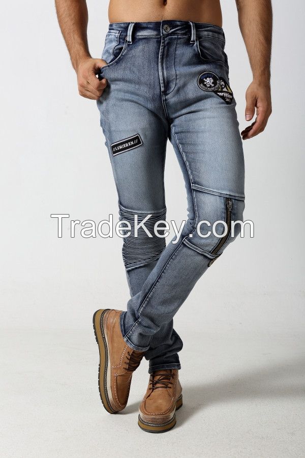 Men's Skinny biker jeans with zipper and patches