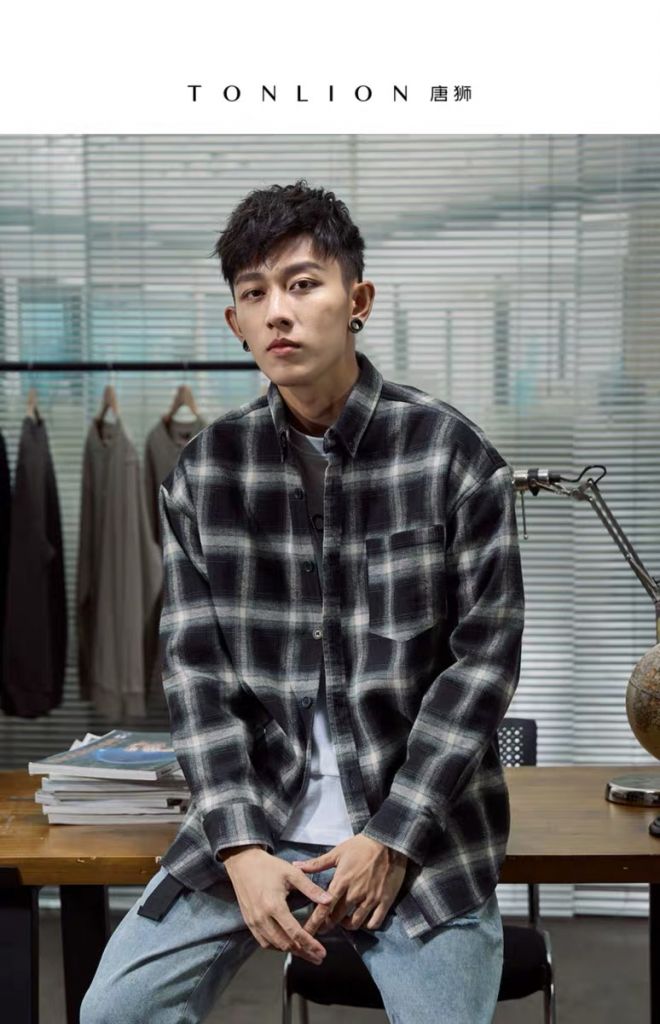 Tang shi plaid shirt men's long - sleeved black and white plaid coatTa