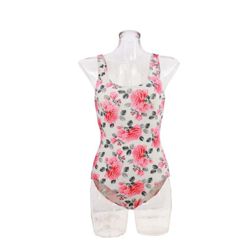 Customized Women Swimwear One Piece Swimsuits with Red Flowers Print D