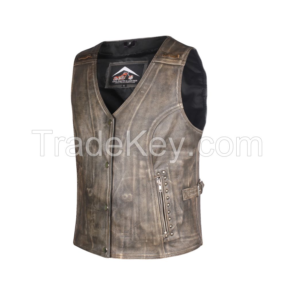 Ladies First Quality Light Brown Antique Genuine Cow Hide Leather Waist coat/Vest with Side Straps