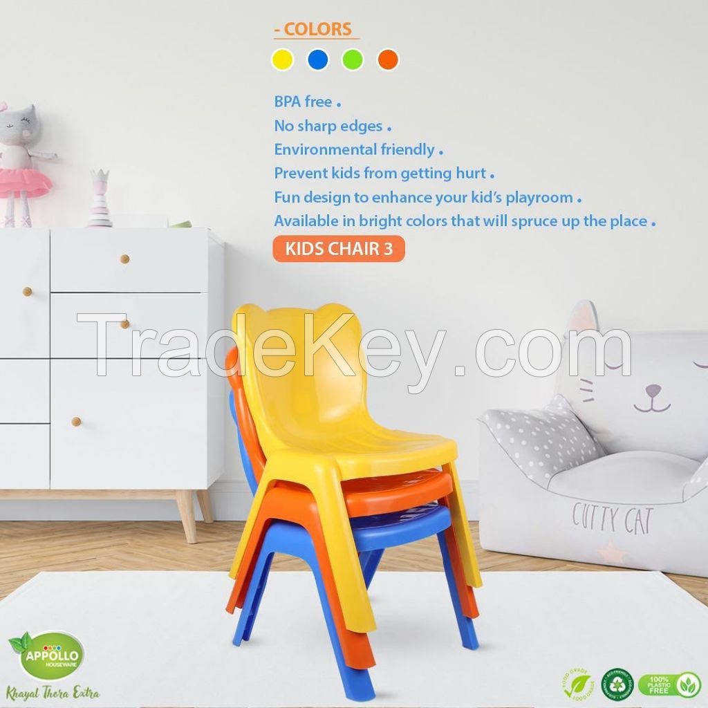 Appollo houseware chair 3 high quality light weight easy to handle durable kids chair stackable plastic chair for play area garden indoor and outdoor uses