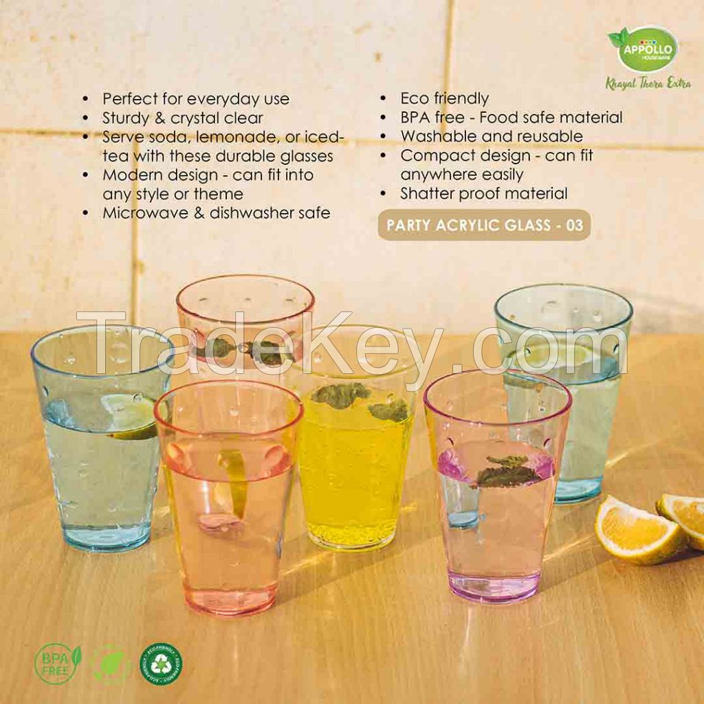 Party Acrylic Glass model 3 with stylish and attractive design, ideal for picnics, BBQ, camping, and birthday parties. High premium quality and dishwasher safe.