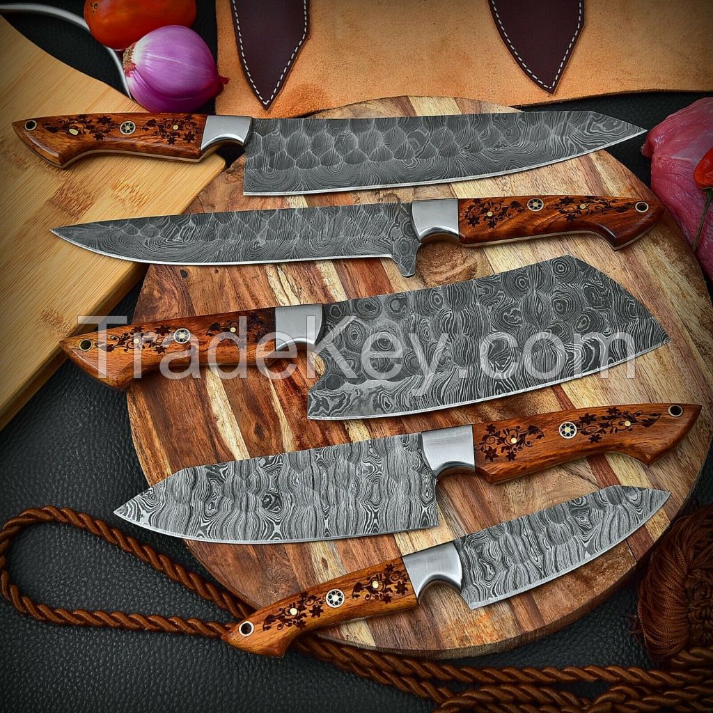 Damascus Steel Kitchen Chef Knife Set Chef's 5 Knives With Free Leather Roll Bag