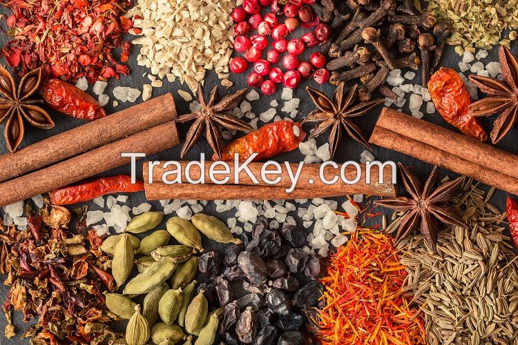 Spices, Cloves, pepper, cinnamon, nutmeg, cardamom, vanilla, ginger, turmeric