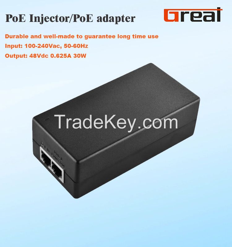 48V 30W Active 1000Mbps PoE injector IEEE802.3AF 3AT PoE adapter Gigabit for Ethernet switch VoIP networking AP CCTV camera