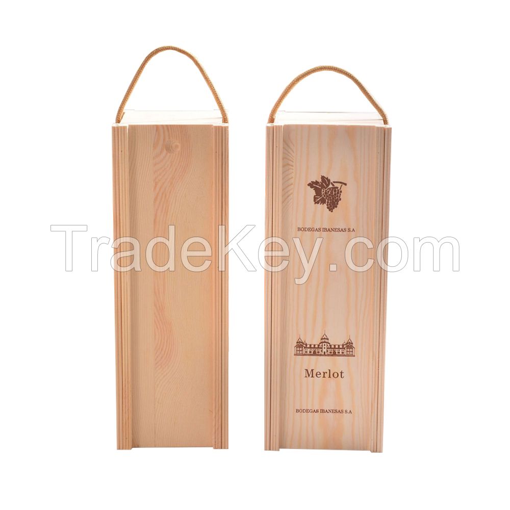 Customized Wooden Red Wine Storage Box Unfinished Pine Wood Packaging Box With Rope