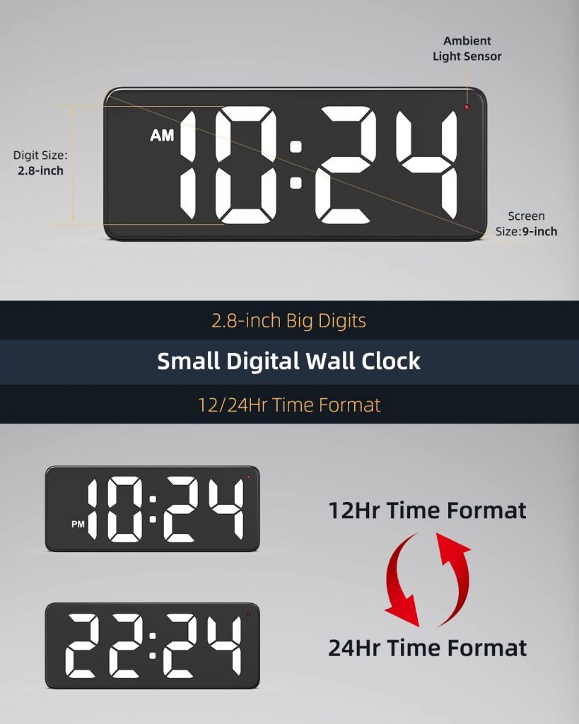 Wall Clock - LED Digital Wall Clock with Large Display, Big Digits, Auto-Dimming, Anti-Reflective Surface, 12/24Hr Format, Small Silent Wall Clock for Living Room, Bedroom, Farmhouse, Kitchen, Office-F1041