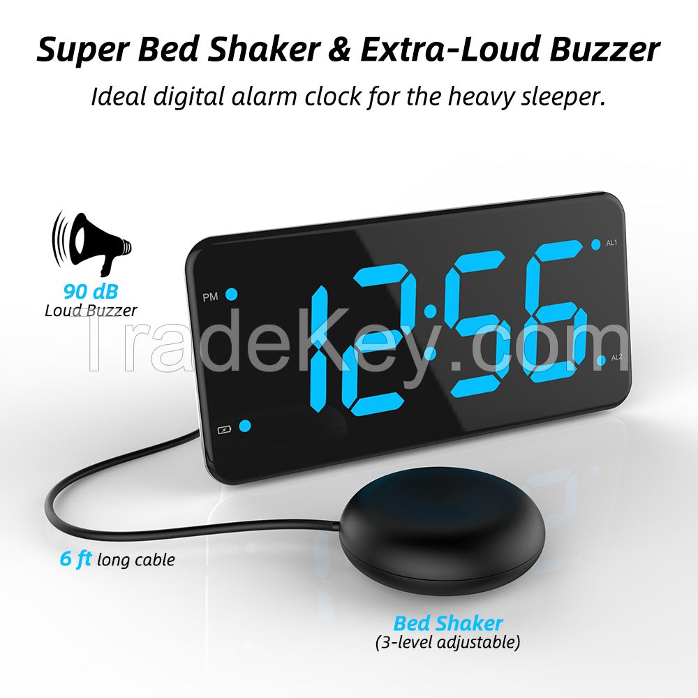 Loud Alarm Clock with Bed Shaker, Vibrating Alarm Clock for Heavy Sleepers, Deaf and Hard of Hearing, Dual Alarm Clock, 2 USB Charger Ports, 7-Inch Display, Full Range Dimmer and Battery Backup-T1HGreen