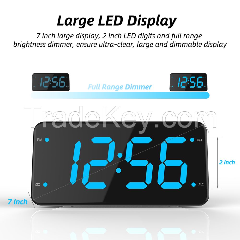 Loud Alarm Clock with Bed Shaker, Vibrating Alarm Clock for Heavy Sleepers, Deaf and Hard of Hearing, Dual Alarm Clock, 2 USB Charger Ports, 7-Inch Display, Full Range Dimmer and Battery Backup-T1HGreen