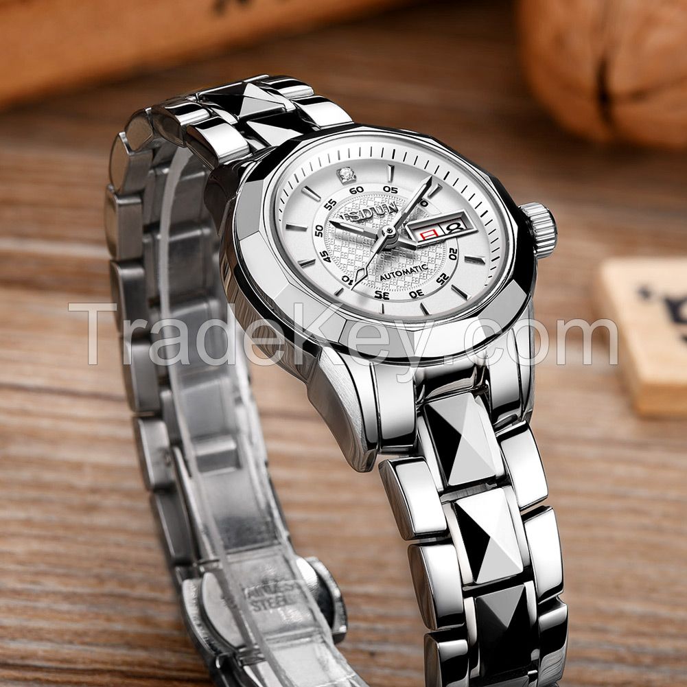 JSDUN 8014 Fully automatic mechanical watch tungsten steel strap dual calendar display women's watch couple table