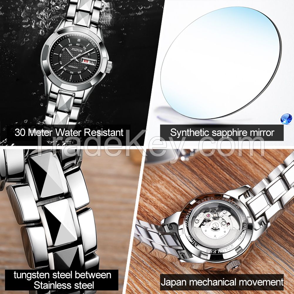 JSDUN 8014 Fully automatic mechanical watch tungsten steel strap dual calendar display women's watch couple table