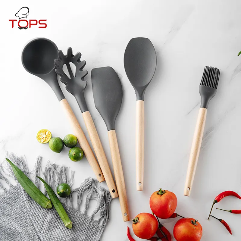 12 Pieces In 1 Set Silicone Kitchen Accessories Cooking Tools Kitchenware Silicone Kitchen Utensils With Wooden Handles