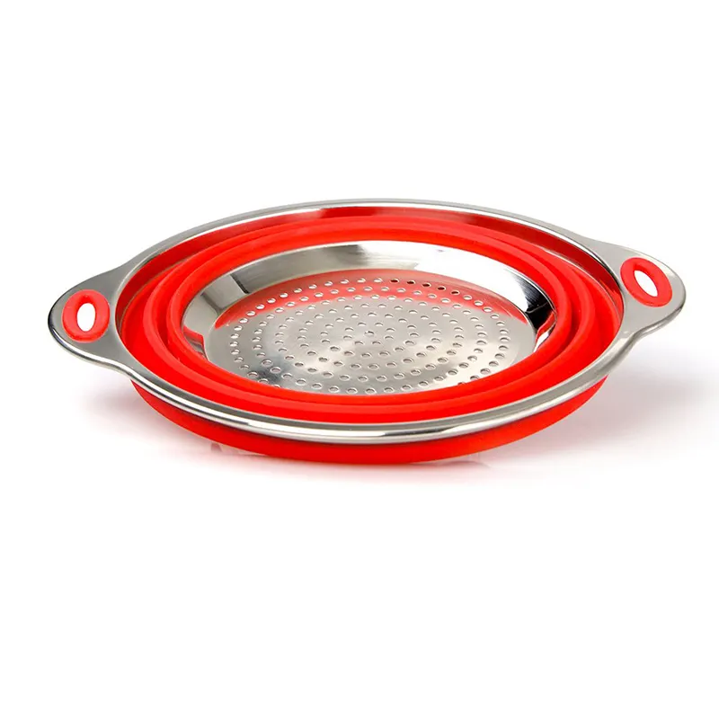 Red Silicone Collapsible Colander, Folding Kitchen Strainer with Handle for Pasta Fruits Potato Meat Vegetable Dishwasher Safe