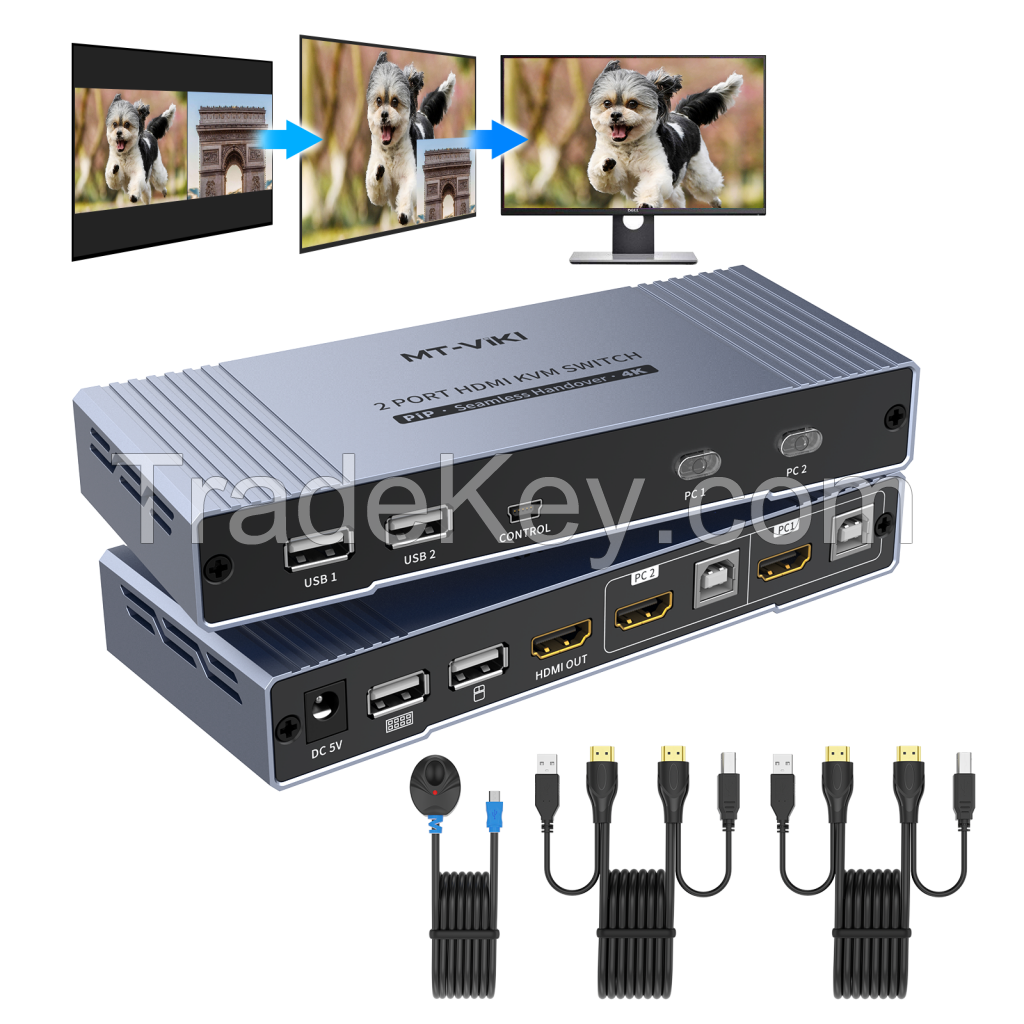 Seamless HDMI KVM Switch 2 Port 4K 30Hz + 2 Cables, MT-VIKI Seamless 4K HDMI KVM Switch with PIP POP