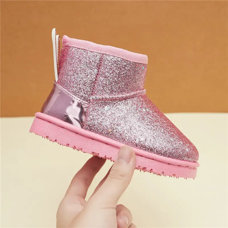 wholesale doc mart boots kids flat winter plush glitter snow shoes for child outdoor slip-on fur