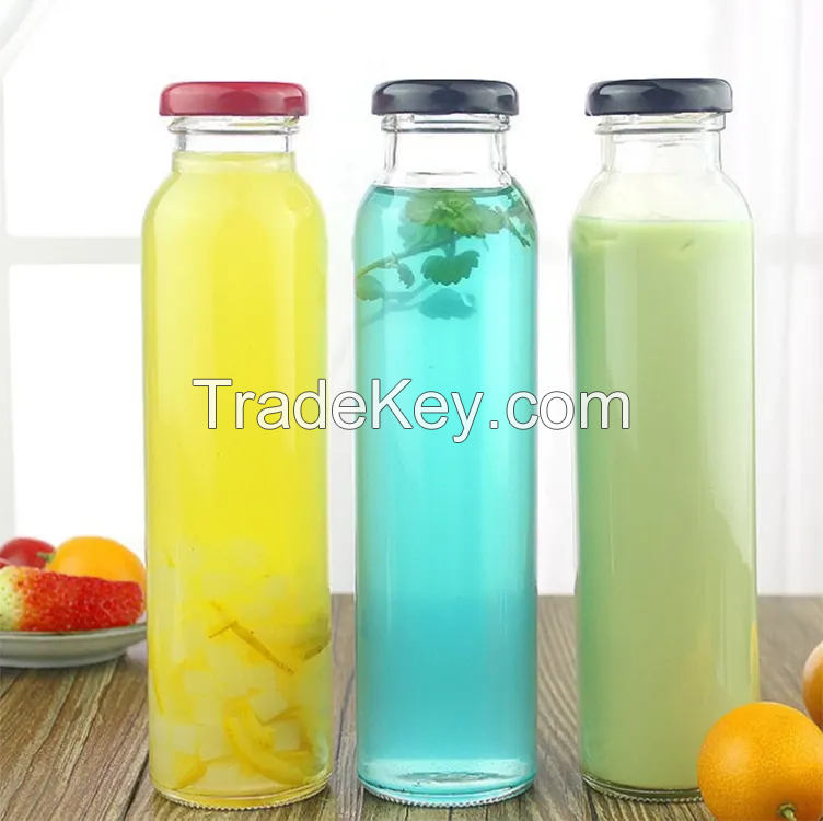 Factory Wholesale 350ml 500ml Clear Tall Round Shape Coffee Juice Milk Tea Beverage Glass Bottle with Metal Lid or Cork