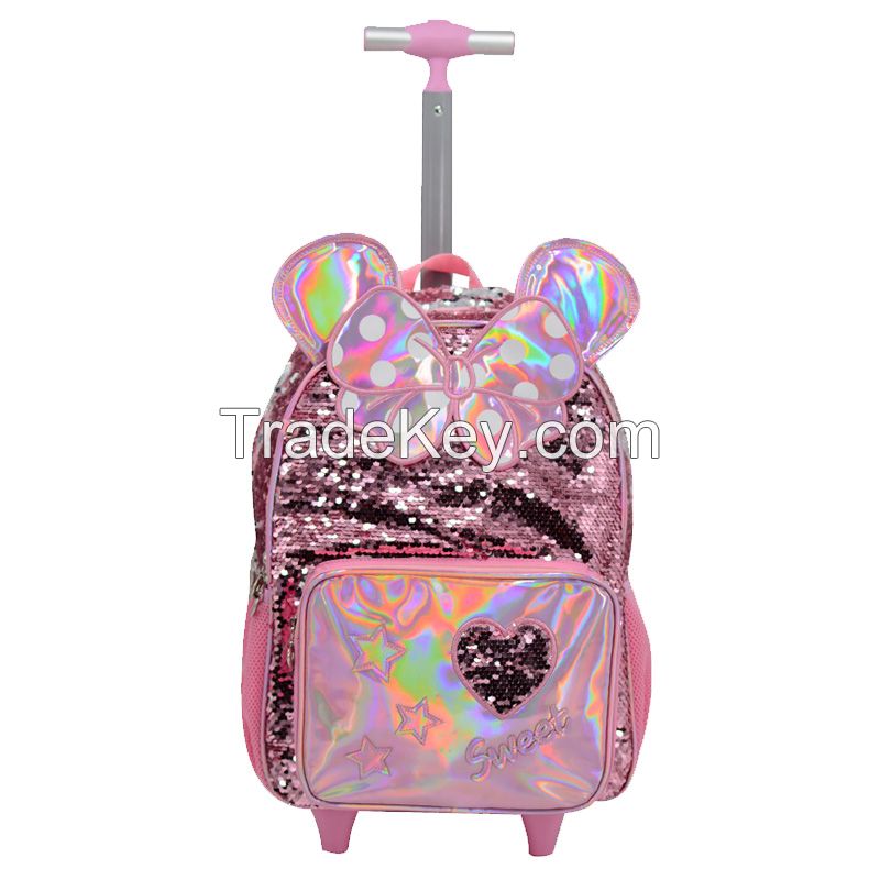 Fashion kids Trolley School Bags backpack with Wheels two side sequin