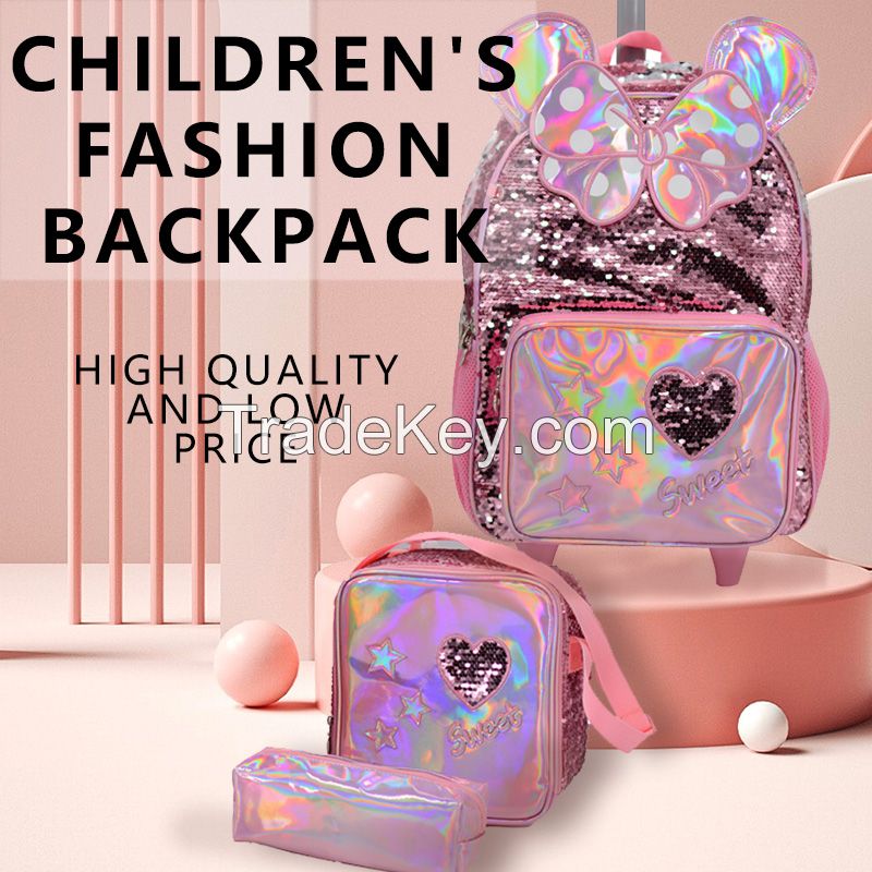 Fashion kids Trolley School Bags backpack with Wheels two side sequin