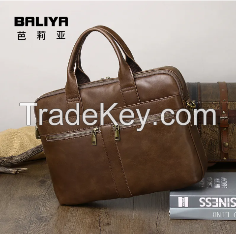 BALIYA Crazy Horse Handbag Crossbody Bag Vintage Genuine Leather Briefcase Top Grain Cowhide Computer Bag for Men