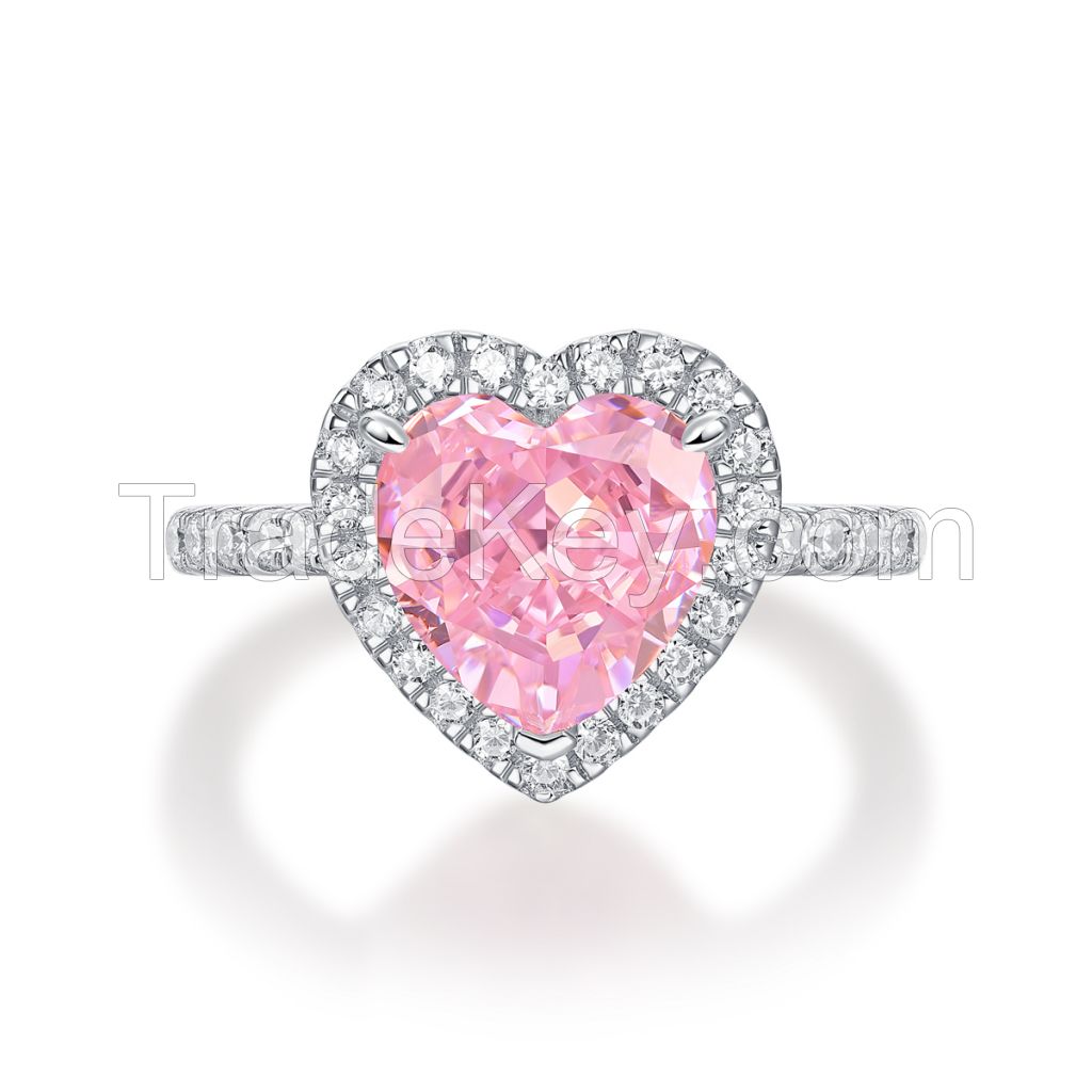 Factory Supply Custom Jewelry Pink Color 5a Cubic Zirconia High Carbon Diamond Sterling Silver Heart Ring