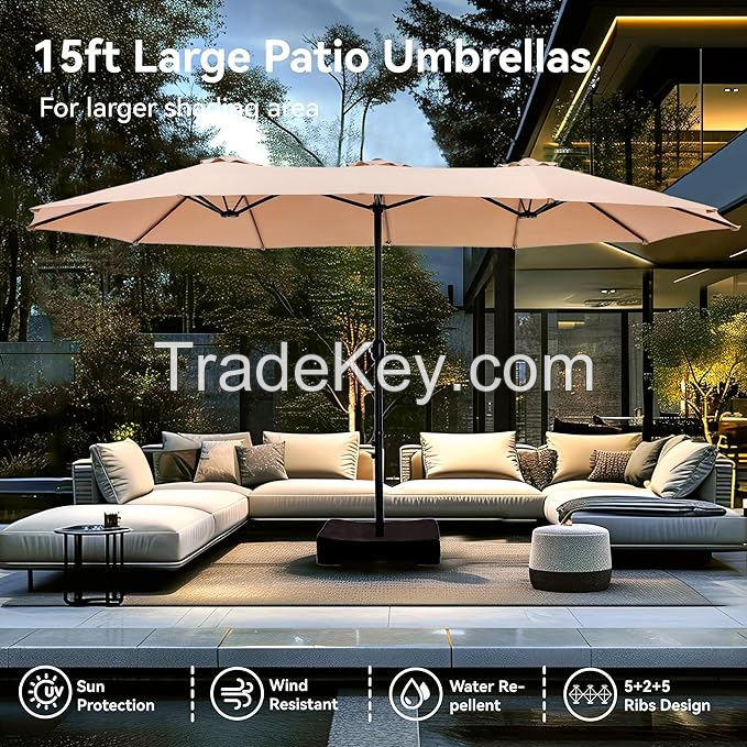 15ft Patio Umbrella Double-Sided Outdoor Market Extra Large Umbrella with Crank Umbrella Base