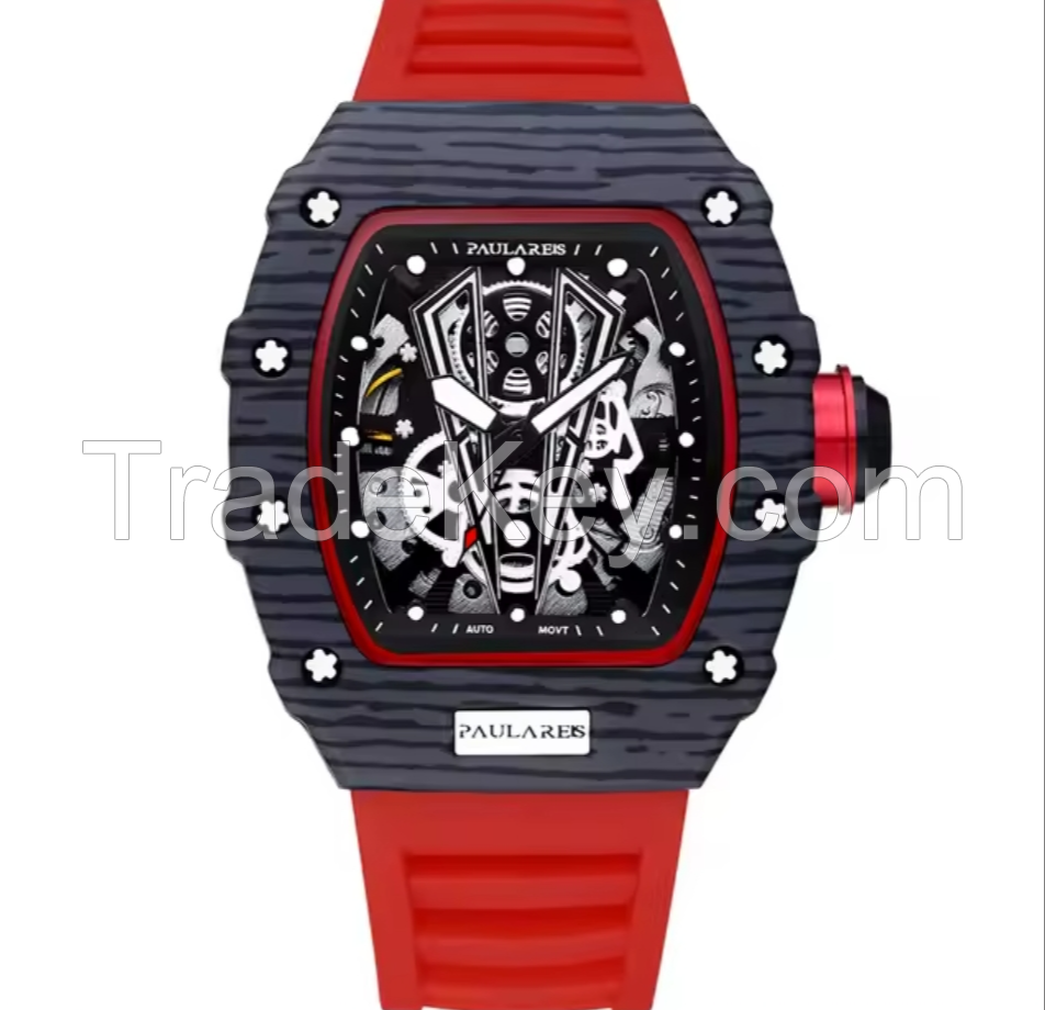 PAULAREIS Fashion Men Automatic Self Wind Skeleton Mechanical Red Black Rubber Strap Richard Fashion Tonneau Hollow Out Watch