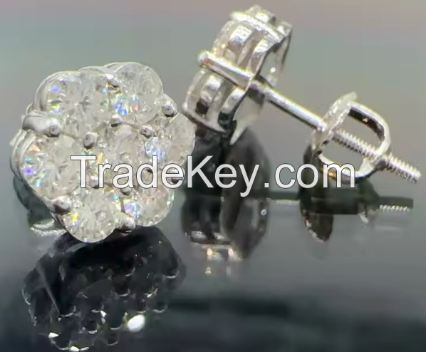 Iced out cluster lab diamond earrings screw back 925 silver flower vvs moissanite for men women