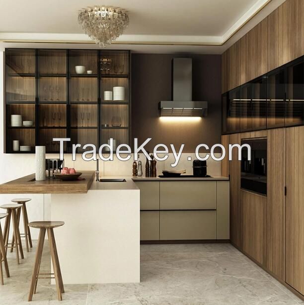 Cupboard Design Foshan Laminated MDF Gray Glossy Modern Cheap Modular Pull Down Small PVC L Shape White Shaker Kabinet Custom Italian Smart Kitchen Cabinet