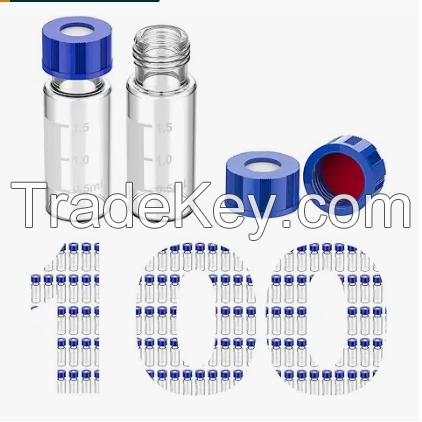 2ml 9mm HPLC Vial, Clear Autosampler Vial, 1.8ml BorosiliGlass Sample Vial with Graduation, 9-425 Type Screw Threaded Vial, Blue Screw Cap with Hole, White PTFE&amp;amp;amp;Red Silicone Septa, 100 of Pack