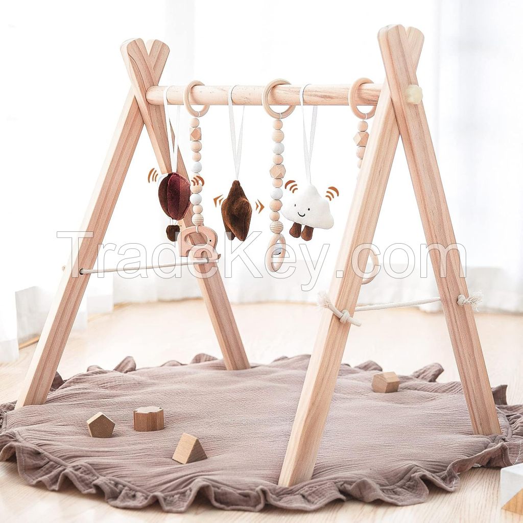 Wooden Baby Play Gym Play Mat Baby Gym with 6 Hanging Sensory Toys Foldable Baby Gym