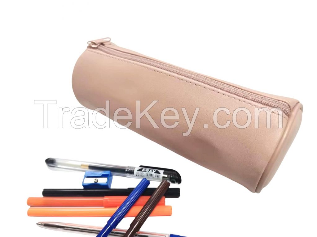 Large Capacity PU Leather Cylindrical zipper Pencil Bag Pencil Pouch Gift Pencil Case Stationery Bag for kids Polyester Pen Case