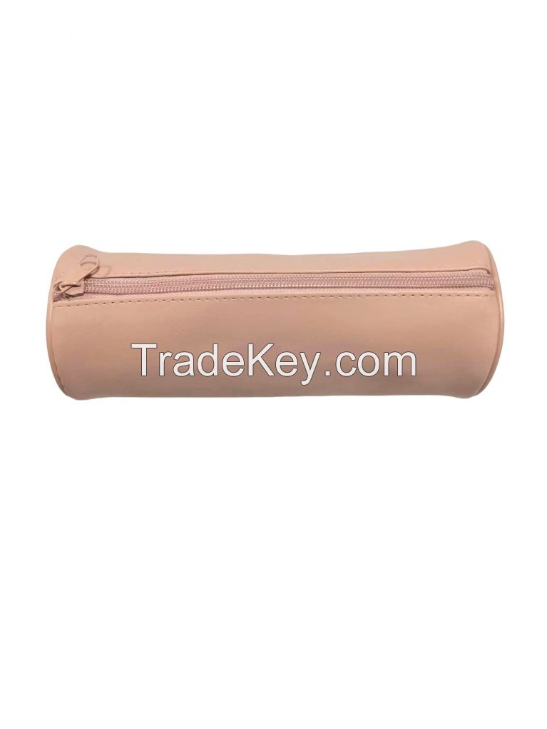 Large Capacity PU Leather Cylindrical zipper Pencil Bag Pencil Pouch Gift Pencil Case Stationery Bag for kids Polyester Pen Case