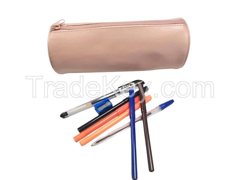 Large Capacity PU Leather Cylindrical zipper Pencil Bag Pencil Pouch Gift Pencil Case Stationery Bag for kids Polyester Pen Case