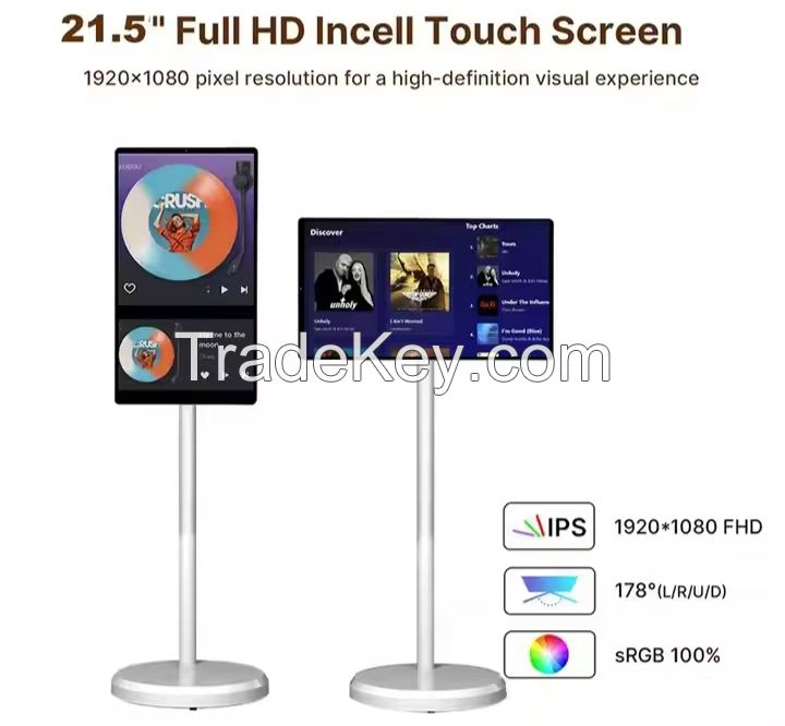 32-inch portable touchscreen TV with built-in rotating panel and smart TV functionality, including a stand.