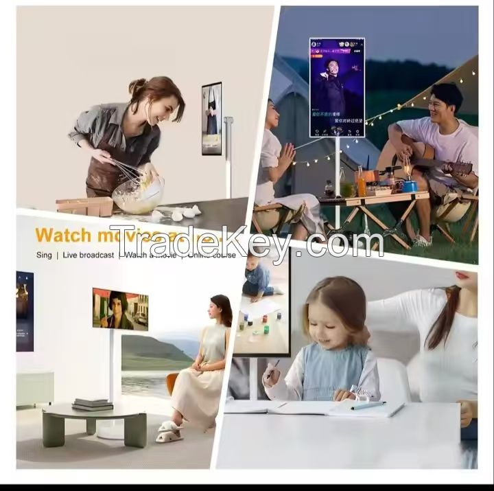 32-inch portable touchscreen TV with built-in rotating panel and smart TV functionality, including a stand.