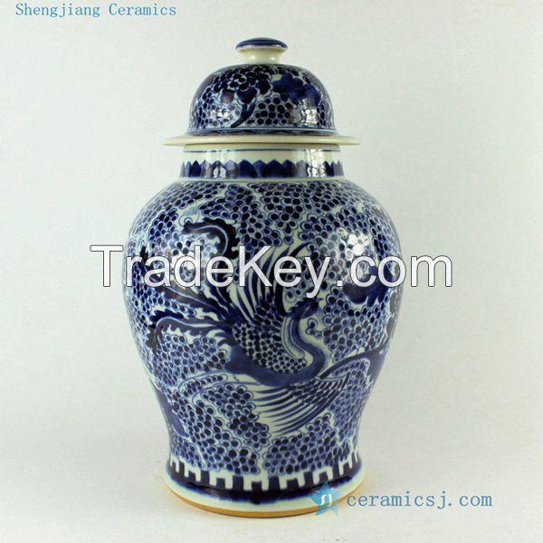 Rzcm05 14 Inch Chinese Floral Phoenix Blue and White Temple Jar