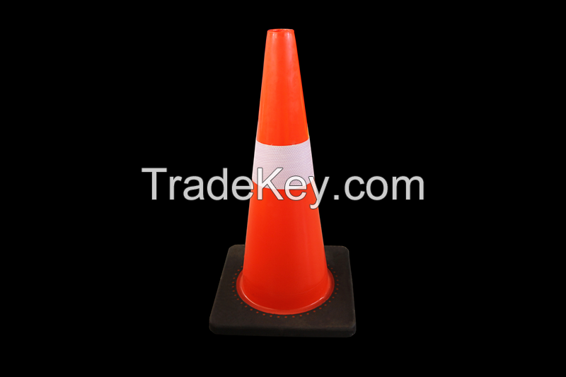 Fluoresent orange PVC road traffic cones with reflective collars black base