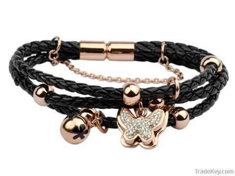 Trendy rose gold plated wrap leather bracelet